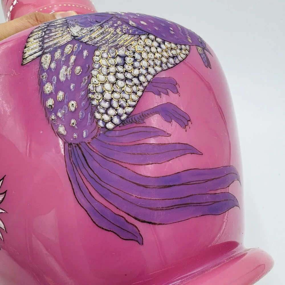 Victorian Aesthetic Pink Opaline Glass Vase Roosters Fighting Daisies Large Rare